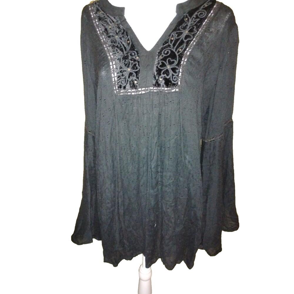 Babydoll Top Bell Sleeve Crinkle Gauze Mineral Wash Black Size M Boho Y2K Tunic